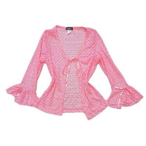 vtg 90s Taboo pastel pink crochet cardigan w/ bows ruffled sleeves
